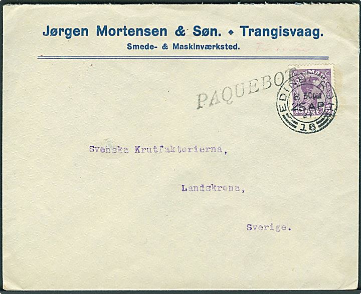 15 øre Chr. X på firmakuvert fra Trangisvaag sendt som skibsbrev og annulleret med skotsk stempel i Edinburgh d. 25.4.1921 og sidestemplet Paquebot til Landskrona, Sverige. Nydeligt brev. 