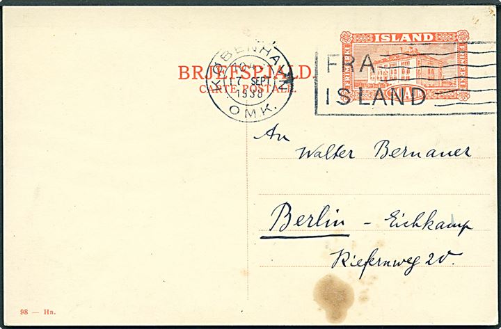 20 aur Mationalmuseum helsagsbrevkort (fabr. 98-Hn) fra Reykjavik d. 12.9.1938 annulleret med skibspost-TMS “Fra Island”/København OMK. d. 17.9.1938 til Berlin, Tyskland. Rust plet.