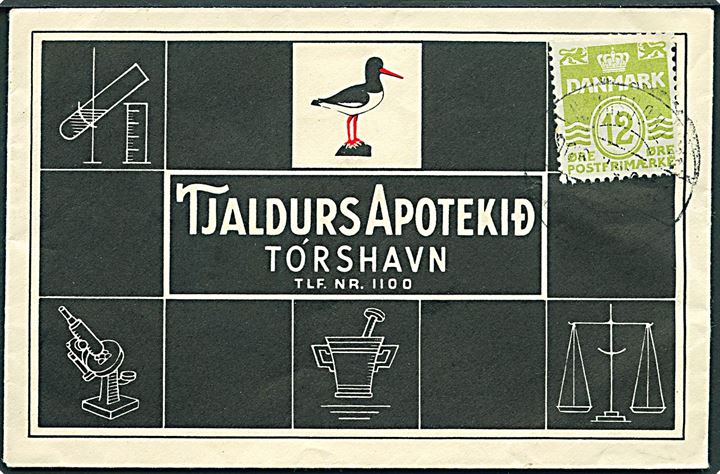 12 øre Bølgelinie på lille illustreret recept kuvert sendt som tryksag og annulleret med svagt pr.-stempel ... pr. Thorshavn i 1954 til Thaldur Apotekid. Dekorativ.