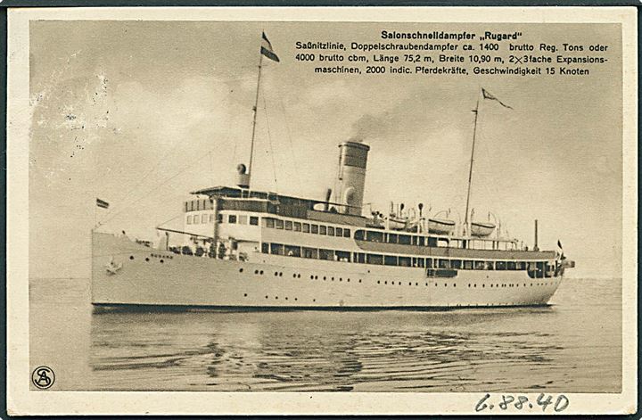 15 øre Karavel (kort hj.tak) på brevkort (S/S “Rugard”) annulleret med brotype IIIb Rø d. 23.6.1930 og side-stemplet med privat skibsstempel: Salonschnelldampfer “Rugard” Auf hoher See til Berlin, Tyskland.
