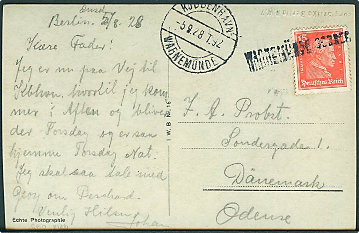 Tysk 15 pfg. Kant på brevkort fra Berlin annulleret med sjældent skibsstempel Warnemünde-Gedser og side-stemplet Kjøbenhavn - Warnemünde T.92 d. 5.9.1928 til Odense, Danmark. Stempel ikke omtalt i Skilling.