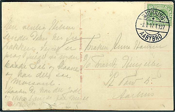 5 øre Chr. X på brevkort fra Løkken annulleret med smukt aftryk af vanskeligt bureaustempel Hjørring - * Aabybro T. 197 d. 2.7.1917 til Aarhus. 