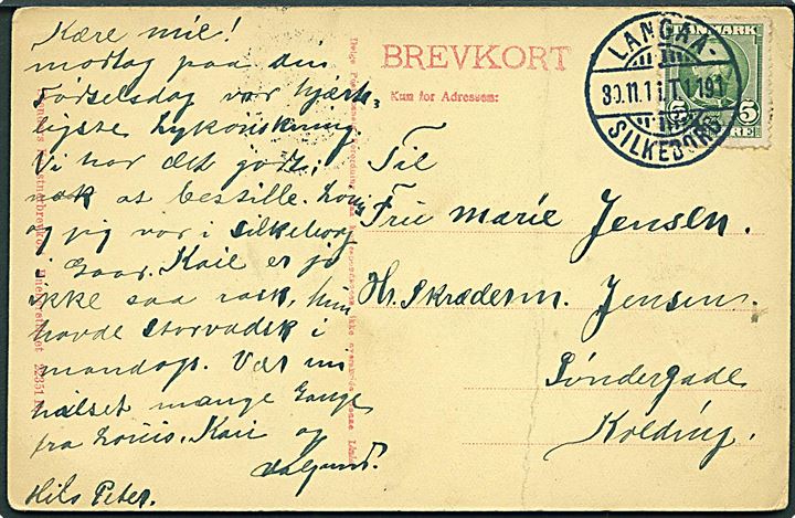 5 øre Fr. VIII på brevkort annulleret med tydeligt bureau stempel Langaa - Silkeborg T.1191 d. 30.11.1911 til Kolding. Vanskeligt stempel. Lodret fold.