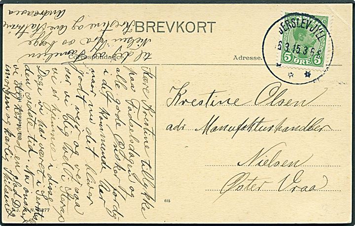 5 øre Chr. X på brevkort (Partier fra Sterup) annulleret med sjældent brotype IIIb Jerslev Jyll. d. 16.3.1918 til Øster Vraa. Stempel kun registreret anvendt i perioden 1.12.1914 - 17.5.1915 jf. Vagn Jensen.