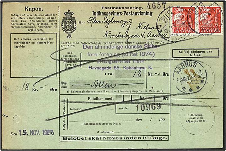 15 øre rød karavel på postanvisning fra København d. 19.11.1927 til Aarhus. Aarhus 4* IIIi brotypestempel. 