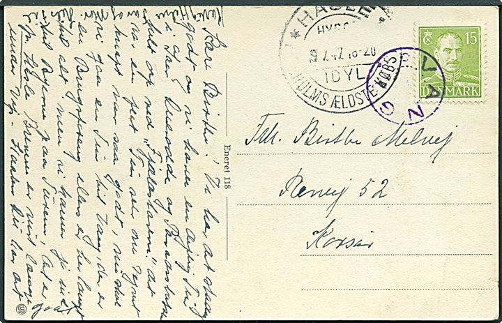 15 øre Chr. X på brevkort annulleret med violet udslebet stjernestempel VANG og sidestemplet med turiststempel i Hasle d. 19.7.1947 til Korsør. God stempelfarve.