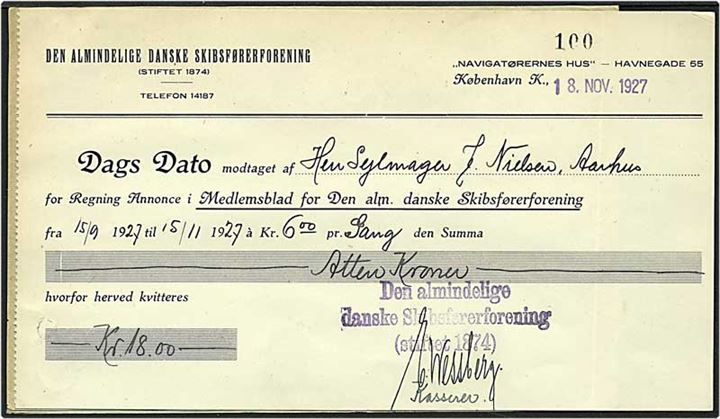 15 øre rød karavel på postanvisning fra København d. 19.11.1927 til Aarhus. Aarhus 4* IIIi brotypestempel. 