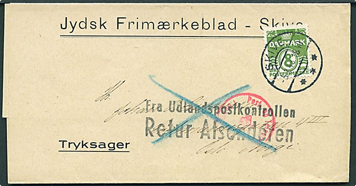 8 øre Bølgelinie på korsbånd fra Jydsk Frimærkeblad i Skive d. 5.3.1943 til Oslo, Norge. Returneret m. stempel: Fra Udlandspostkontrollen / Retur Afsenderen. Årsag til returnering ukendt.