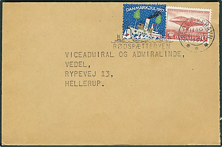 30 øre Ellehammer og Julemærke 1957 på radiobrevs kuvert fra Frederikshavn d. 21.12.1957 til Hellerup. På bagsiden stemplet Flåderadio Frederikshavn. Sjældent eksempel på Jule-radiobrev fra marinens enheder på Grønland via Flåderadio stationen i Frederikshavn.