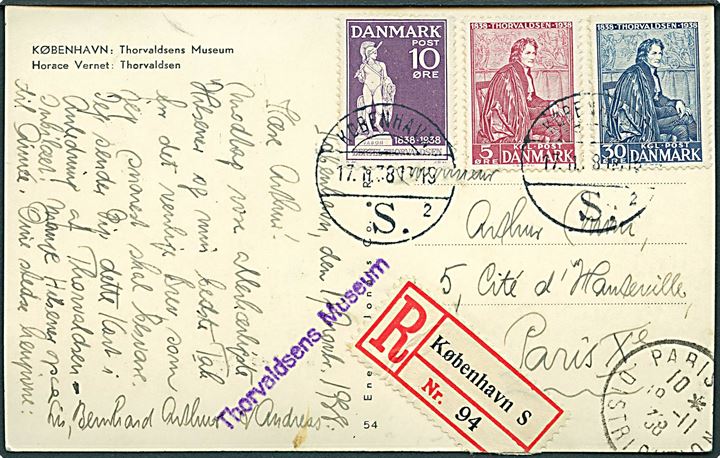 Komplet sæt Thorvaldsen udgave på anbefalet brevkort stemplet København d. 17.11.1938 til Paris, Frankrig. Uofficiel FDC med liniestempel Thorvaldsen Museum.