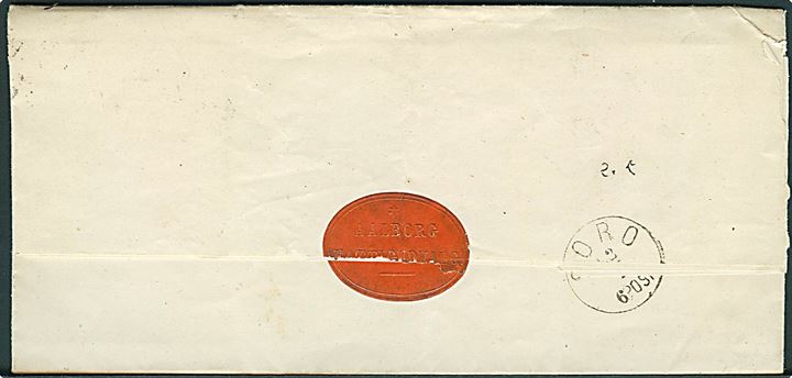 4 sk. Tofarvet anvendt i øre-perioden på brev annulleret m. lapidar Aalborg d. 21.1.1875 til Slaglille og Bjernede Sogneraad pr. Sorø. Fuldt indhold. 