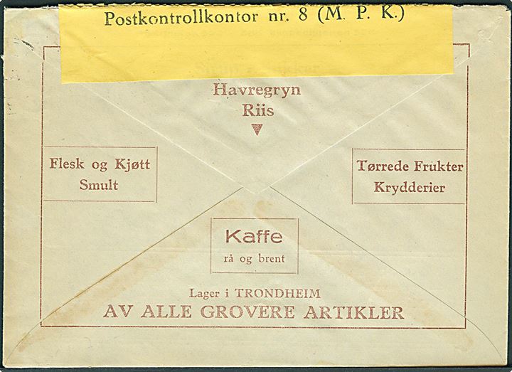 20 øre Løve på firmakuvert fra Tromsø d. 25.4.1940 til Vesteraalens Dampskibsselskab i Stokmarknes. Censureret i Tromsø med fortrykt gul banderole type 1: Postkontrollkontor nr. 8 (M.P.K.). Smuk kvalitet.