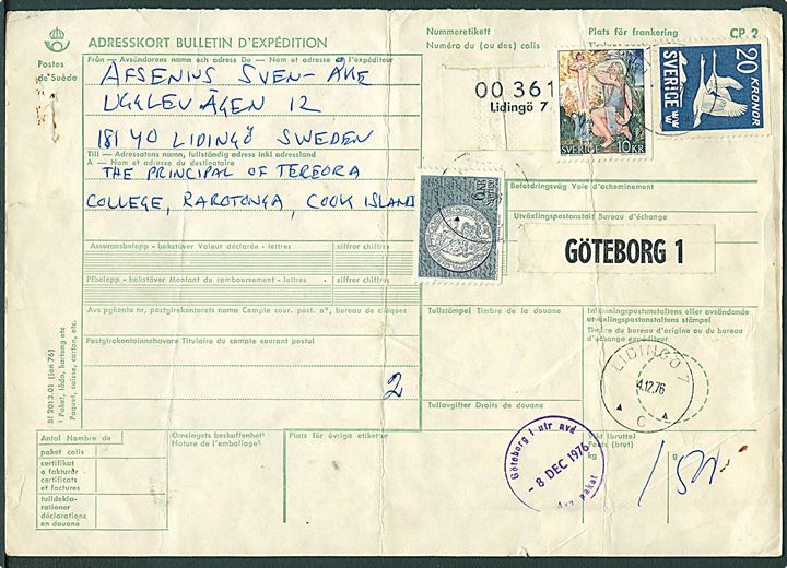 36 kr. frankeret internationalt adressekort for pakke fra Lidingö d. 4.12.1976 via Göteborg til Rarotonga, Cook Islands i Stillehavet. Enestående destination. Fold.