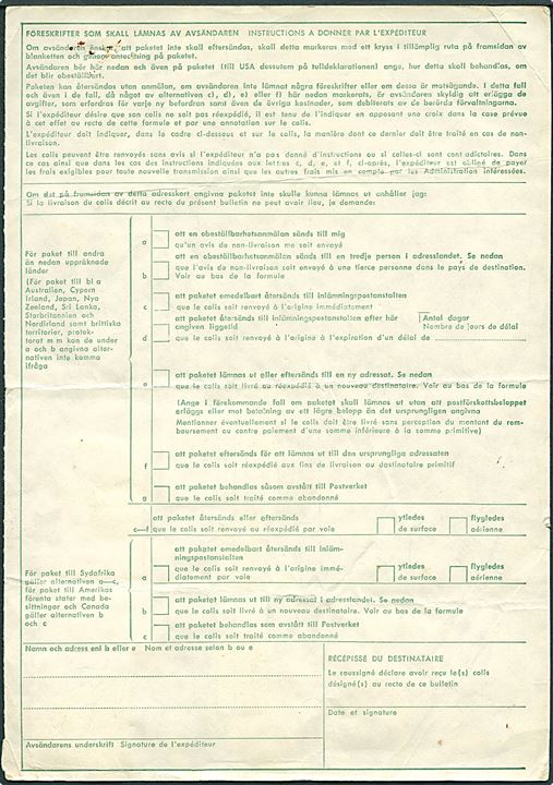 36 kr. frankeret internationalt adressekort for pakke fra Lidingö d. 4.12.1976 via Göteborg til Rarotonga, Cook Islands i Stillehavet. Enestående destination. Fold.
