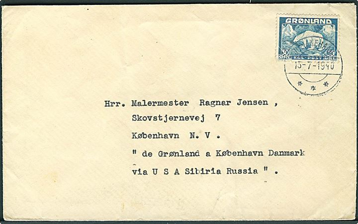 30 øre Isbjørn single på brev fra Julianehaab d. 13.7.1940 til København, Danmark. Påskrevet: “via USA Sibiria Russia”. Åbnet af dansk censur i København. 