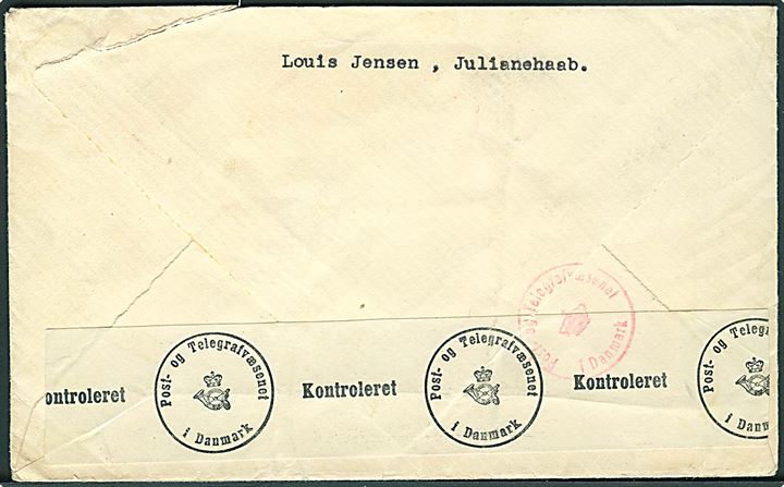 30 øre Isbjørn single på brev fra Julianehaab d. 13.7.1940 til København, Danmark. Påskrevet: “via USA Sibiria Russia”. Åbnet af dansk censur i København. 
