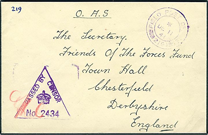 Ufrankeret britisk OAS feltpostbrev med violet feltpost stempel Field Post Office 219 (= Thorshavn) d. 11.12. 1941 til Chesterfield, England. Violet unit censor: Passed by Censor No. 2434. Ankomst stemplet d. 22.12.1941.