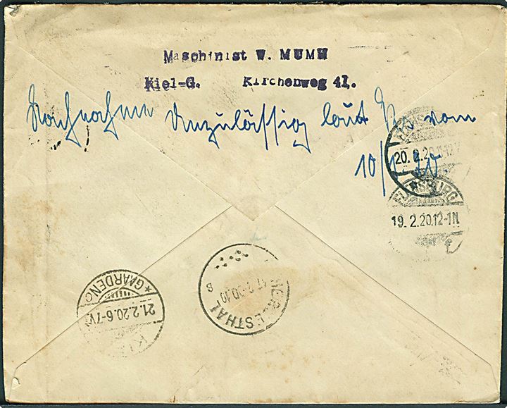 25 pfg., 35 pfg., 40 pfg. og 75 pfg. Fælles udgave på anbefalet eksprebrev med opkrævning fra Flensburg d. 12.2.1920 til Herbesthal. Returneret med flere stempler.