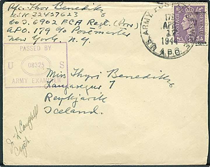 Britisk 3d George VI på brev annulleret med amerikansk feltpost stempel U. S. Army Postal Service APO 179 (= Manchester, England) d. 17.4.1944 til Reykjavik, Island. Fra islandsk menig i Co. J, 6902 E.C.A. Regt. (Prov.). Violet unit censor no. 08325. 