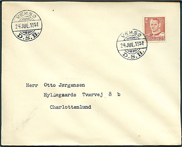 25 øre Fr. IX på brev annulleret med privat DSB brotype stempel Veksø D.S.B. d. 24.7.1951 til Charlottenlund. Smuk forsendelse.