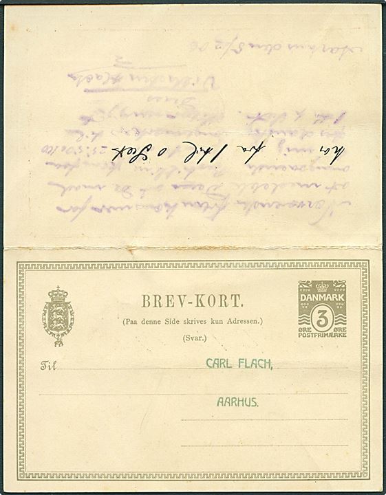 3 øre dobbelt helsagsbrevkort med Julemærke 1906 sendt lokalt i Aarhus d. 5.12.1906. Vedhængende ubenyttet svardel. Sjælden kombination med julemærke.