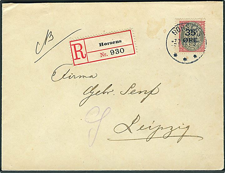 35/20 øre Provisorium på anbefalet brev fra Horsens d. 7.7.1917 til Leipzig, Tyskland. Pænt brev.