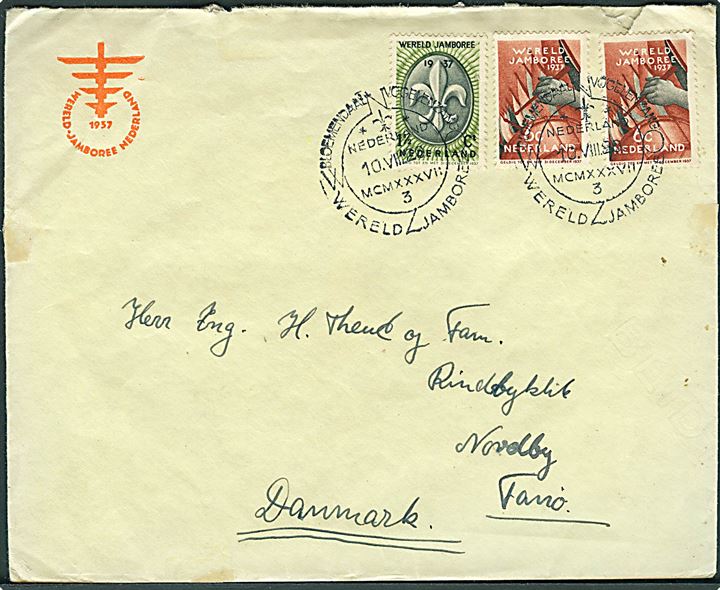 Komplet sæt Jamboree udg. på fortrykt kuvert annulleret med Bloemendaal Vogelenzang Wereld Jamboree d. 10.8.1937 til Nordby Fanø. Fra dansk deltager i Verdens Jamboreen 1937. På bagsiden Spejder mærkat.