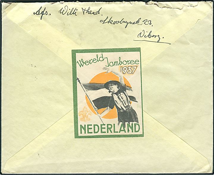Komplet sæt Jamboree udg. på fortrykt kuvert annulleret med Bloemendaal Vogelenzang Wereld Jamboree d. 10.8.1937 til Nordby Fanø. Fra dansk deltager i Verdens Jamboreen 1937. På bagsiden Spejder mærkat.