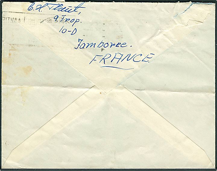 Fransk 5 fr. Jamboree 1947 udg. (2) på fortrykt kuvert stemplet Jamboree de la Paix d. 19.8.1947 til Nordby Fanø - eftersendt til Viborg. Fra dansk deltagende spejder. God brugsforsendelse, fold.