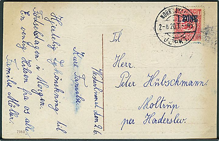 10 øre 1. Zone udg. på brevkort dateret Vester Linnet annulleret med bureaustempel Nørrejyll’s JBPKT sn2 T.45 d. 2.6.1920 til Haderslev. Reservestempel (R8) benyttet på ruten Vojens-Arnum. Stor sjældenhed.