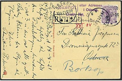 15 øre violet Chr. X på postkort fra Børkop d. 14.4.1921 til Odense. Ubekendt efter adressen og returneret.