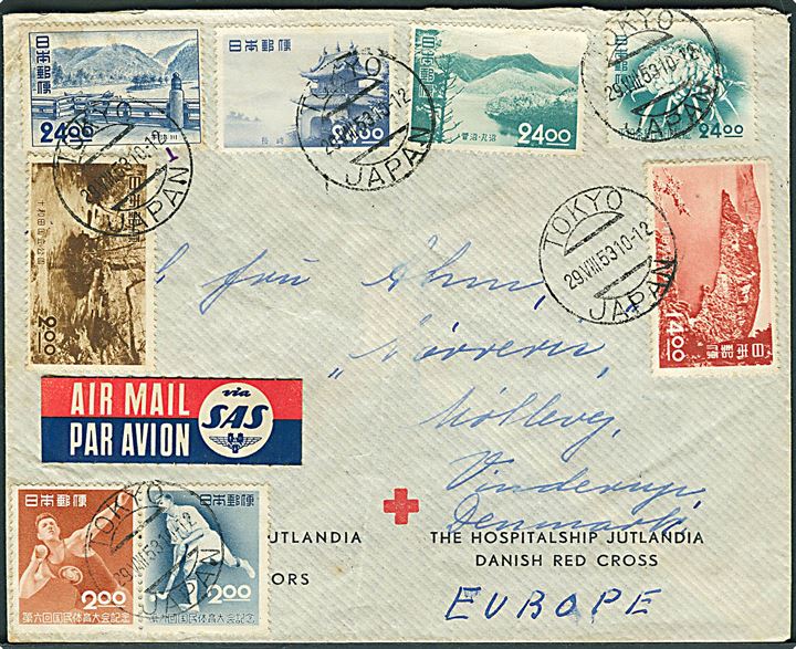 Japansk frankeret 2-sproget kuvert, Hospitalsskibet Jutlandia / Dansk Røde Kors, sendt som luftpost fra Tokyo d. 29.8.1953 til Vinderup, Danmark. Afsendt fra 3. togts hjemrejse.