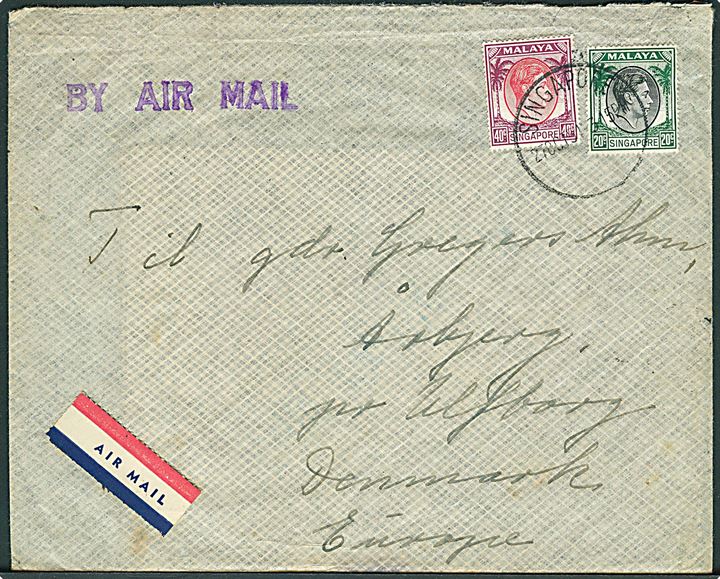 Singapore 20 c. og 40 c. George VI på luftpostbrev fra Singapore d. 27.10.1951 til Ulfborg, Danmark. På bag-siden blåt liniestempel: M.S. JUTLANDIA. Sendt fra 2. togts udrejse. Fuldt indhold. 
