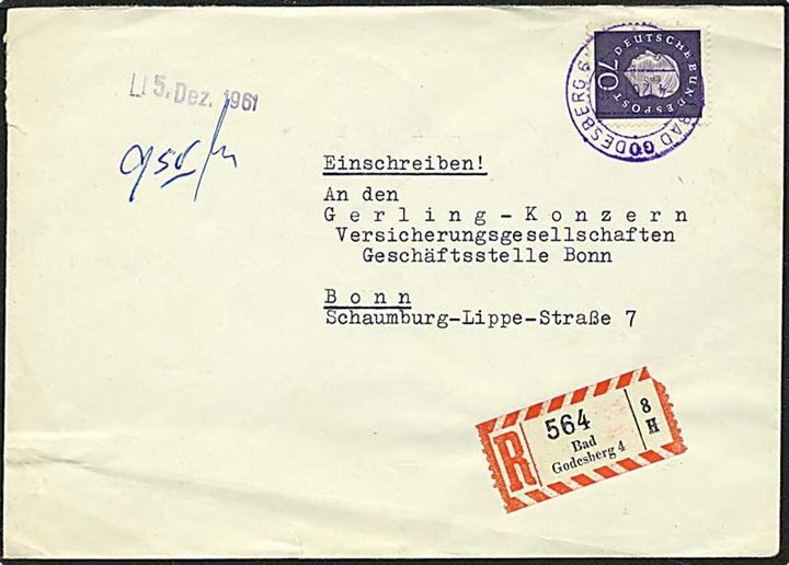 70 pfennig violet singelfrankatur på Rec. brev fra Bad Godesberg d. 4.12.1961 til Bonn. Bad Godesberg stempel i violet.