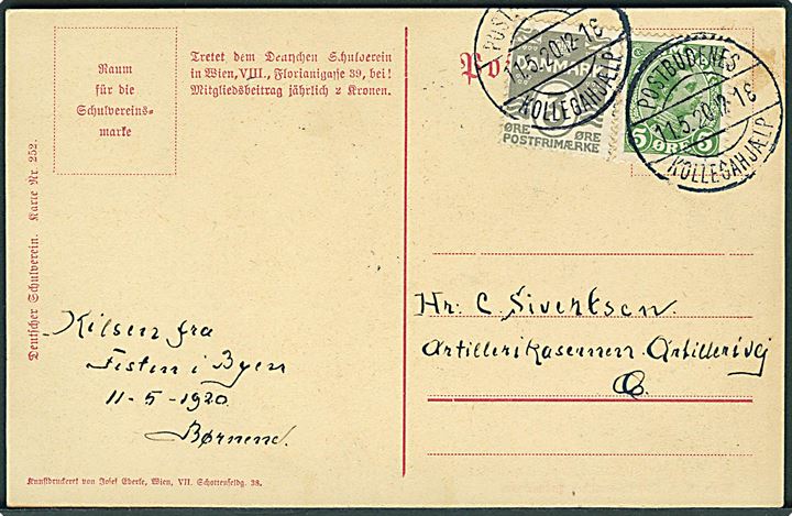 3 øre Bølgelinie og 5 øre Chr. X på lokalt brevkort i København annulleret med vanskeligt særstempel Postbudenes Kollegahjælp d. 11.5.1920.