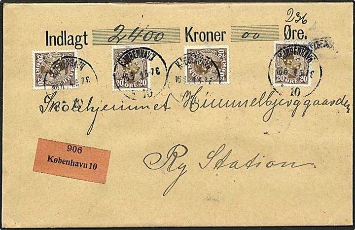 20 øre brun Chr. X på værdibrev fra København d. 16.6.1924 til Ry. Mærkerne med perfin Fig 04 - København Kommune.