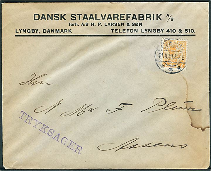 7 øre Chr. X med perfin “D.S.I.” på firmakuvert fra Dansk Staalvarefabrik A/S sendt som tryksag fra Lyngby d. 11.8.1919 til Assens. Katalog 1300,- for løst mærke. Fugtskjold.