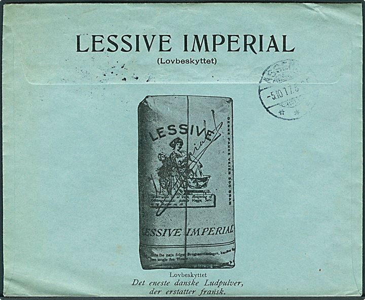10 øre Chr. X m. perfin “K.S.” på illustreret firmakuvert fra Kaalunds Sæbefabrikker i Kolding d. 4.10.1917 til Assens. På bagsiden reklame for Lessive Imperial eneste danske Ludpulver.