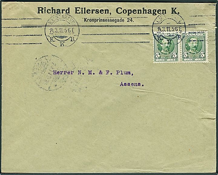 5 øre Fr. VIII i parstykke med perfin “R.E.” på fortrykt kuvert fra firma Richard Eilersen i Kjøbenhavn d. 14.3. 1911 til Assens. Anvendt et år tidligere end registreret i perfin katalog.
