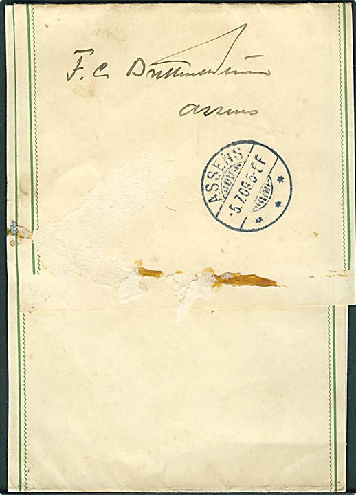 5 øre FR. VIII helsags korsbånd annulleret med brotype Ia særstempel Aarhus Landsudstill. d. 4.7.1909 til Assens. Usædvandlig anvendelse af særstempel, som ellers kun ses på brevkort.