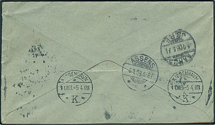Returneret ufrankeret tryksag fra Kjøbenhavn d. 4.4.1908 stemplet Frankotvang Kjøbenhavns Brevpostkontor. Genfremsendt med 4 øre Bølgelinie fra Kjøbenhavn K. d. 5.4.1908 via Aarup JB.P.E. til Assens.  