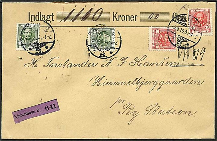 5 øre grøn og 10 øre rød Fr.VIII på værdibrev fra København d. 5.4.1910 til Ry. Mærkerne med perfin Fig 04 - København Kommune.