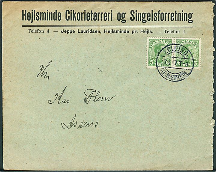 5 øre Chr. X i parstykke på firmakuvert fra Hejlsminde annulleret med bureaustempel Kolding - Hejlsminde T.3 d. 27.5.1917 til Assens.