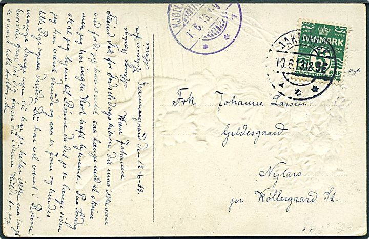 5 øre Bølgelinie på brevkort fra Aakirkeby d. 13.6.1913 til Nylars pr. Kjøllergaard St. Ank.stemplet med violet brotype Ia Kjøllergaard d. 13.6.1913. Stempel ikke tid-ligere registreret i violet farve.