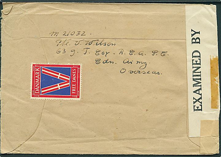 Engelsk 2d George VI og Free Danes mærkat på brev fra Seaford d. 25.5.1942 til Highland Park, USA. Sendt fra menig i de canadiske styrker i England. Åbnet af tidlig amerikansk i Chicago med censur no. 3037.