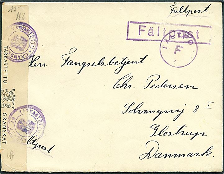 Ufrankeret feltpostbrev ca. 1942 med violet Fältpost F fra dansk frivillig Johs. Pedersen i Dansk Finlands Legion, KpK 4 til Glostrup, Danmark. Åbnet af både finsk og dansk censur. 