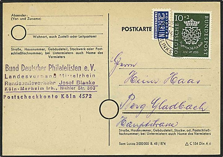 10+2 pfennig grøn og 2 pfennig Berlin mærke på kort fra Køln, Tyskland, d. 14.8.1950 til Berg Gladbach.