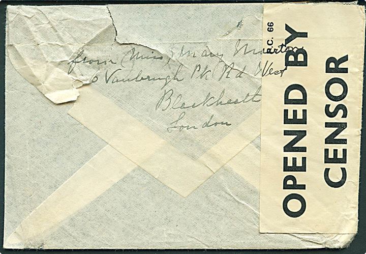 Britisk 1d og 1½d George VI på brev fra Blackheath d. 24.3.1940 til Oslo, Norge. Åbnet af tidlig britisk censur PC66/2464 med indlagt meddelelse P.C.5 British Postal Censorship. This cover was open when it reached the censorship.