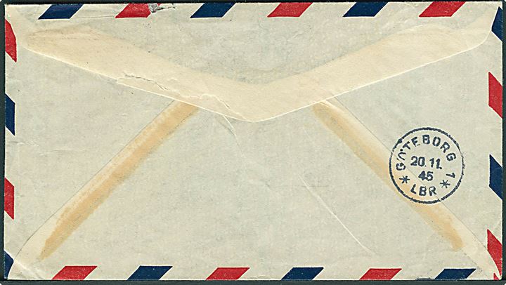 Amerikansk 6 cents Transport på kuvert fra Motorship Gripsholm med feltpost stempel U. S. Army Postal Service APO 624 (= Athen, Grækenland) d. 15.9.1945 til Göteborg, Sverige. Ank. Göteborg d. 20.11.1945. Fra M/S Gripsholms udvekslingssejladser i Middelhavet.