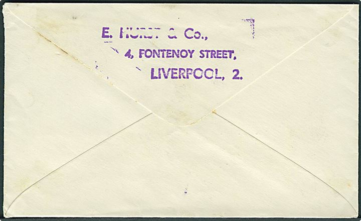 Britisk 3d George VI på skibsbrev fra Liverpool ca. 1941 påskrevet per Steamer’s Mail og annulleret med grønblå censurstempel (krone)/Passed P.189 til Thorshavn, Færøerne. God forsendelse.